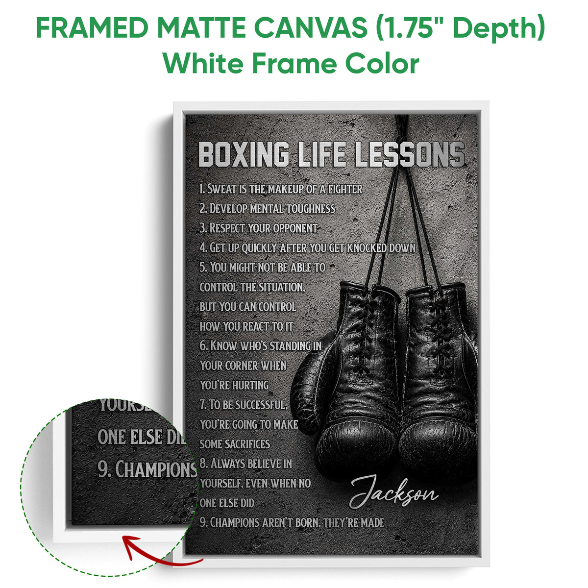Framed boxing wall art shown with a white frame and close-up edge detail