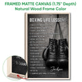 Framed boxing wall art shown with a natural wood frame and close-up edge detail