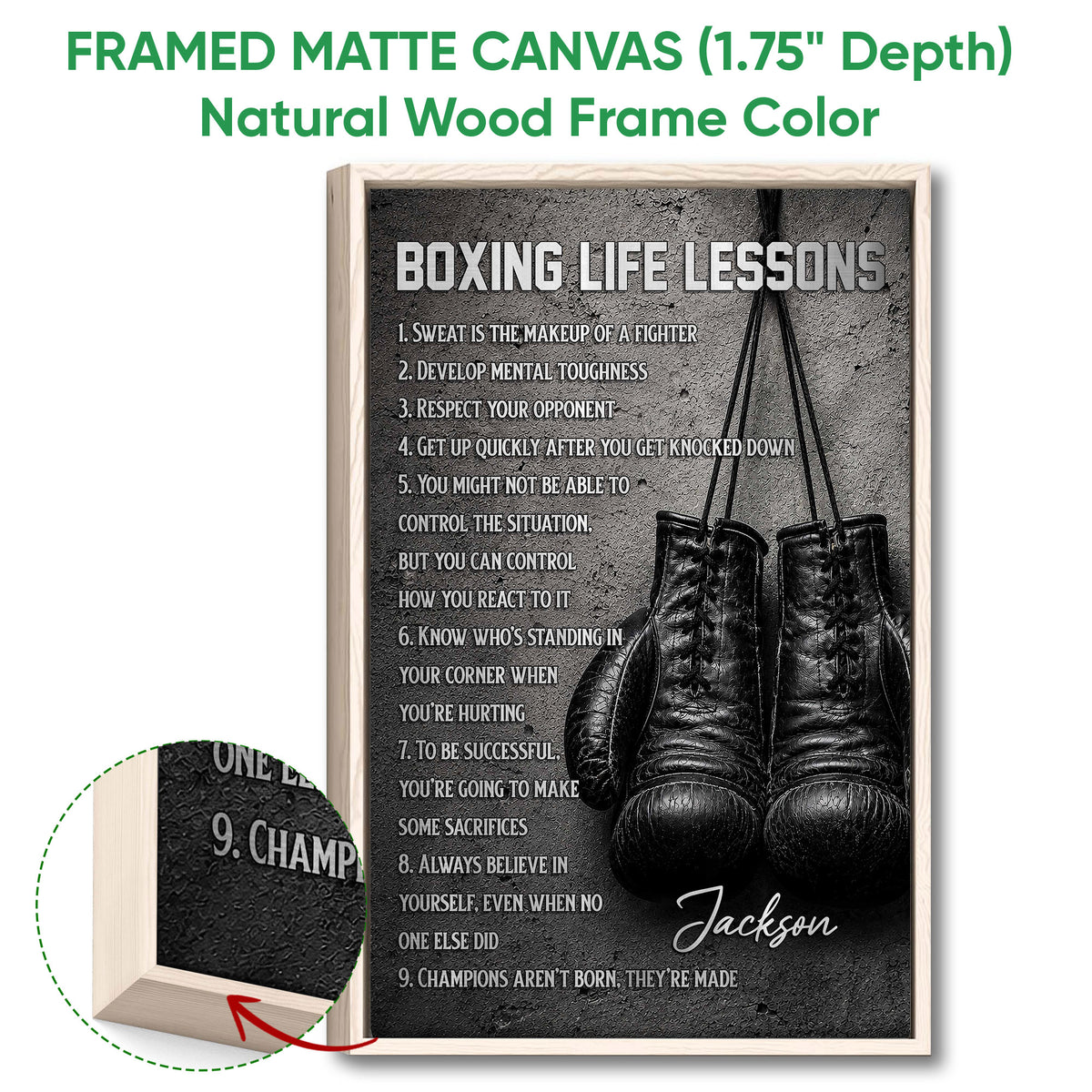 Framed boxing wall art shown with a natural wood frame and close-up edge detail