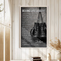 Boxing motivational wall art displayed in a bright wood-paneled room with neutral decor