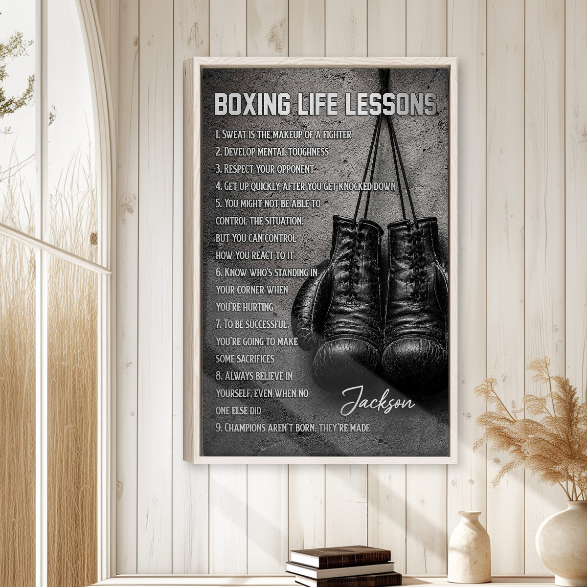 Boxing motivational wall art displayed in a bright wood-paneled room with neutral decor