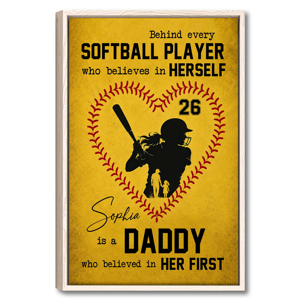 Framed softball wall art with a batter silhouette, red softball stitching, and warm yellow and black design