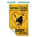 Unframed softball poster featuring a batter silhouette inside a heart-shaped softball stitch design