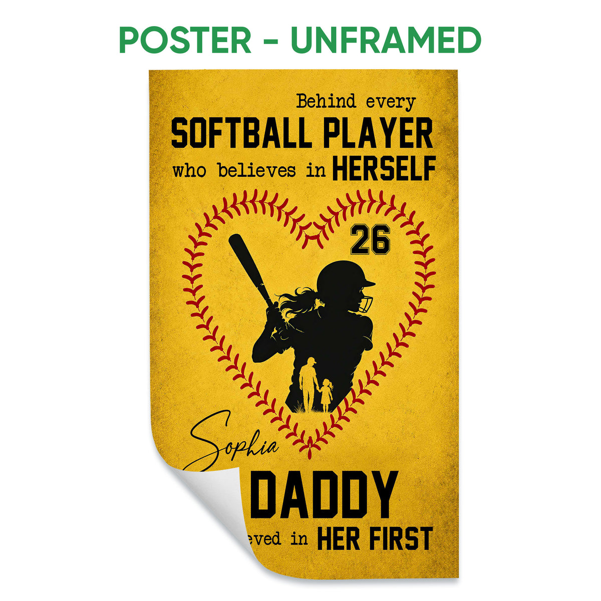 Unframed softball poster featuring a batter silhouette inside a heart-shaped softball stitch design