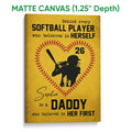 Matte canvas softball wall art with a batter silhouette, bold lettering, and red stitching on yellow