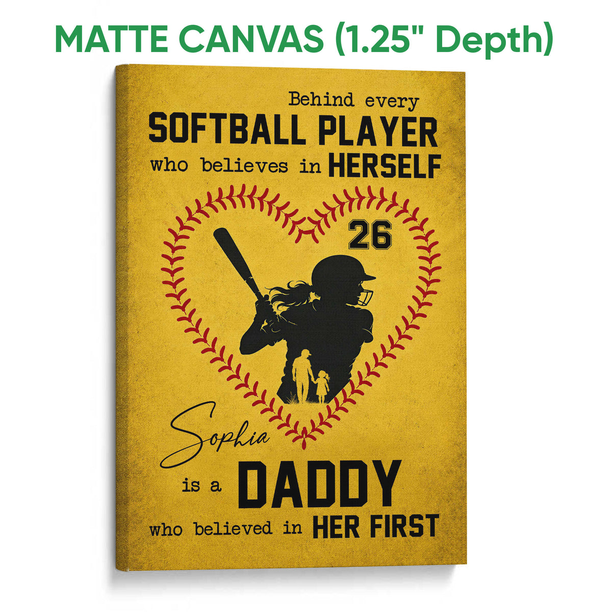 Matte canvas softball wall art with a batter silhouette, bold lettering, and red stitching on yellow