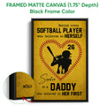 Black framed softball canvas wall art with a batter silhouette and close-up view of the canvas edge