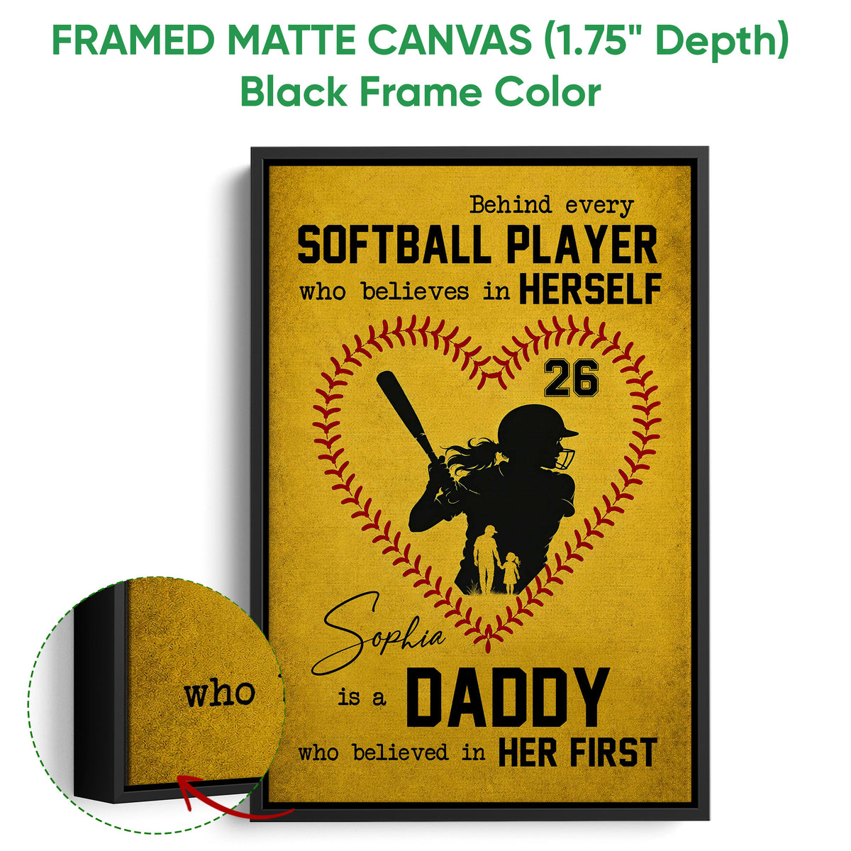 Black framed softball canvas wall art with a batter silhouette and close-up view of the canvas edge
