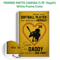White framed softball canvas wall art with a heart-shaped stitch design and batter silhouette