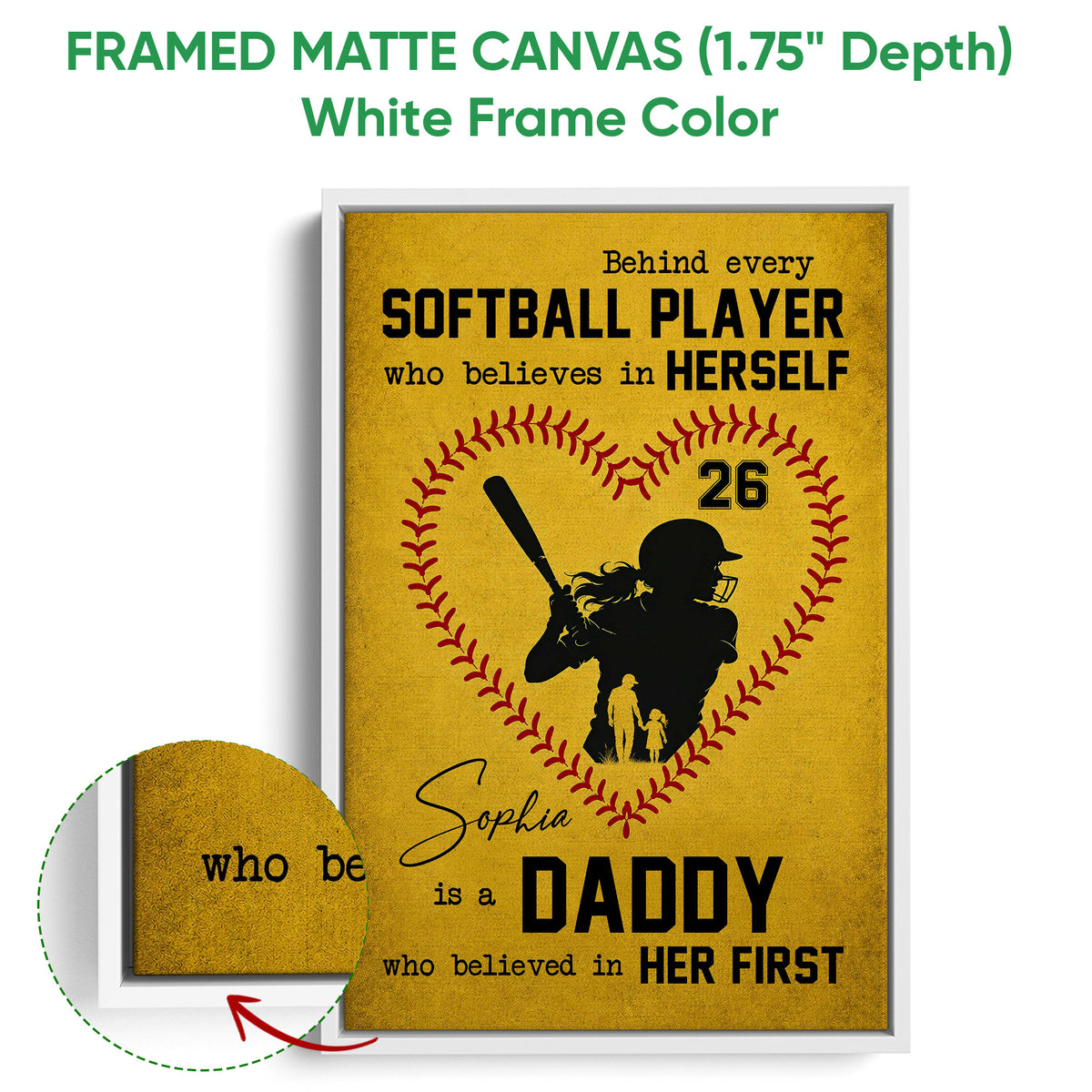 White framed softball canvas wall art with a heart-shaped stitch design and batter silhouette