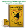 Natural wood framed softball wall art with a batter silhouette and close-up frame detail