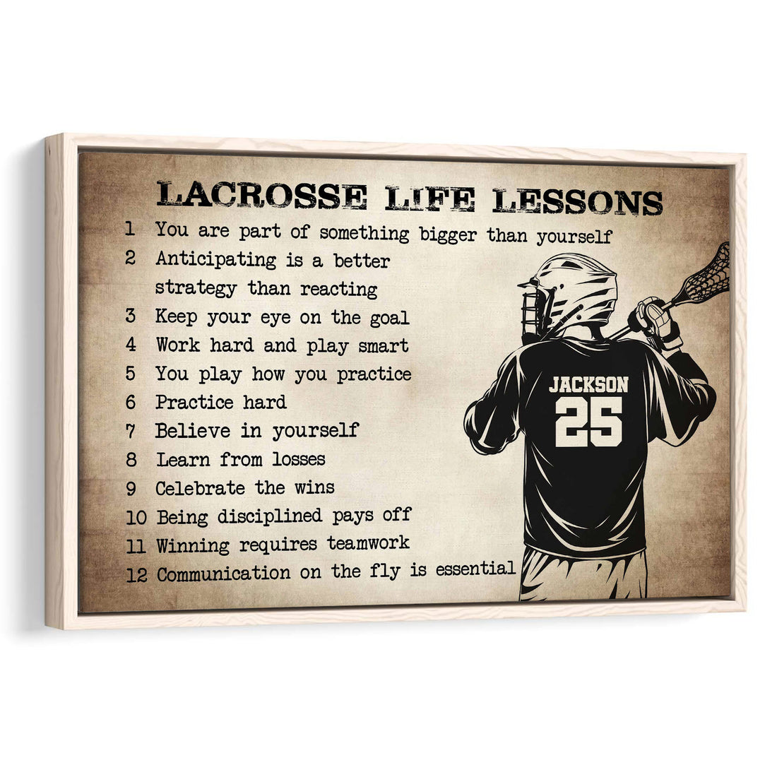 Framed lacrosse wall art featuring a helmeted player and motivational lessons in a rustic design