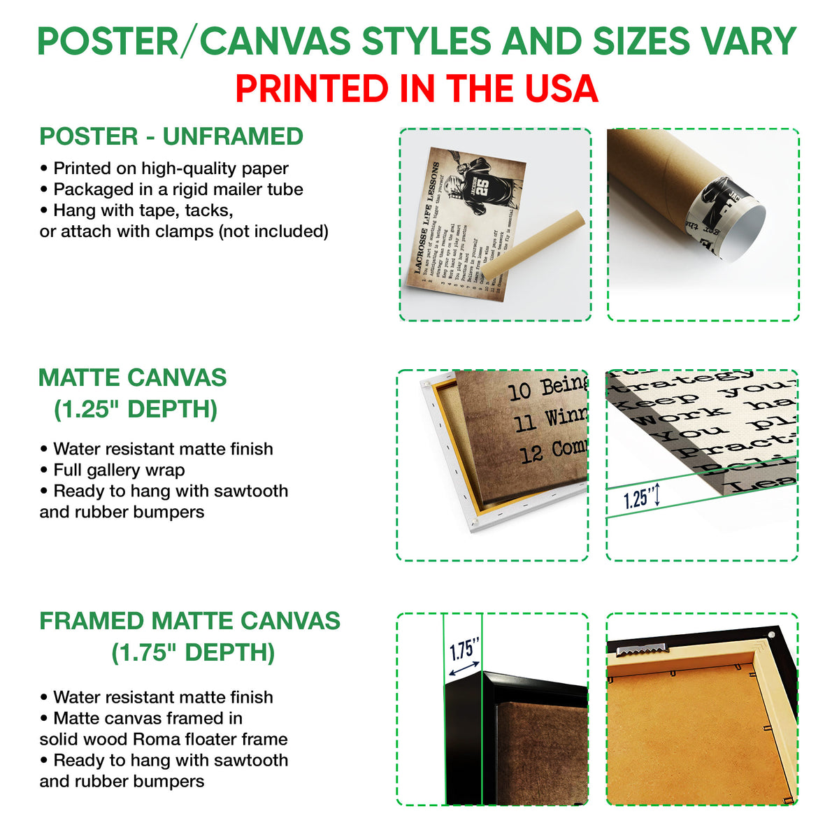 Poster and canvas wall art format guide showing unframed poster, matte canvas and framed canvas options