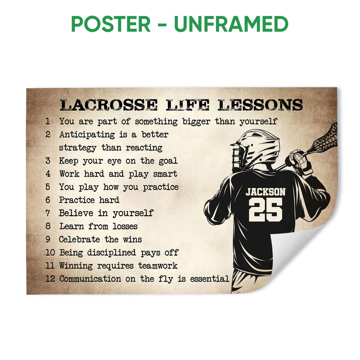 Unframed lacrosse poster with a helmeted player, lacrosse stick and motivational life lessons