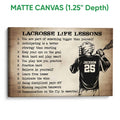 Matte canvas lacrosse wall art featuring a helmeted player and vintage-inspired motivational text