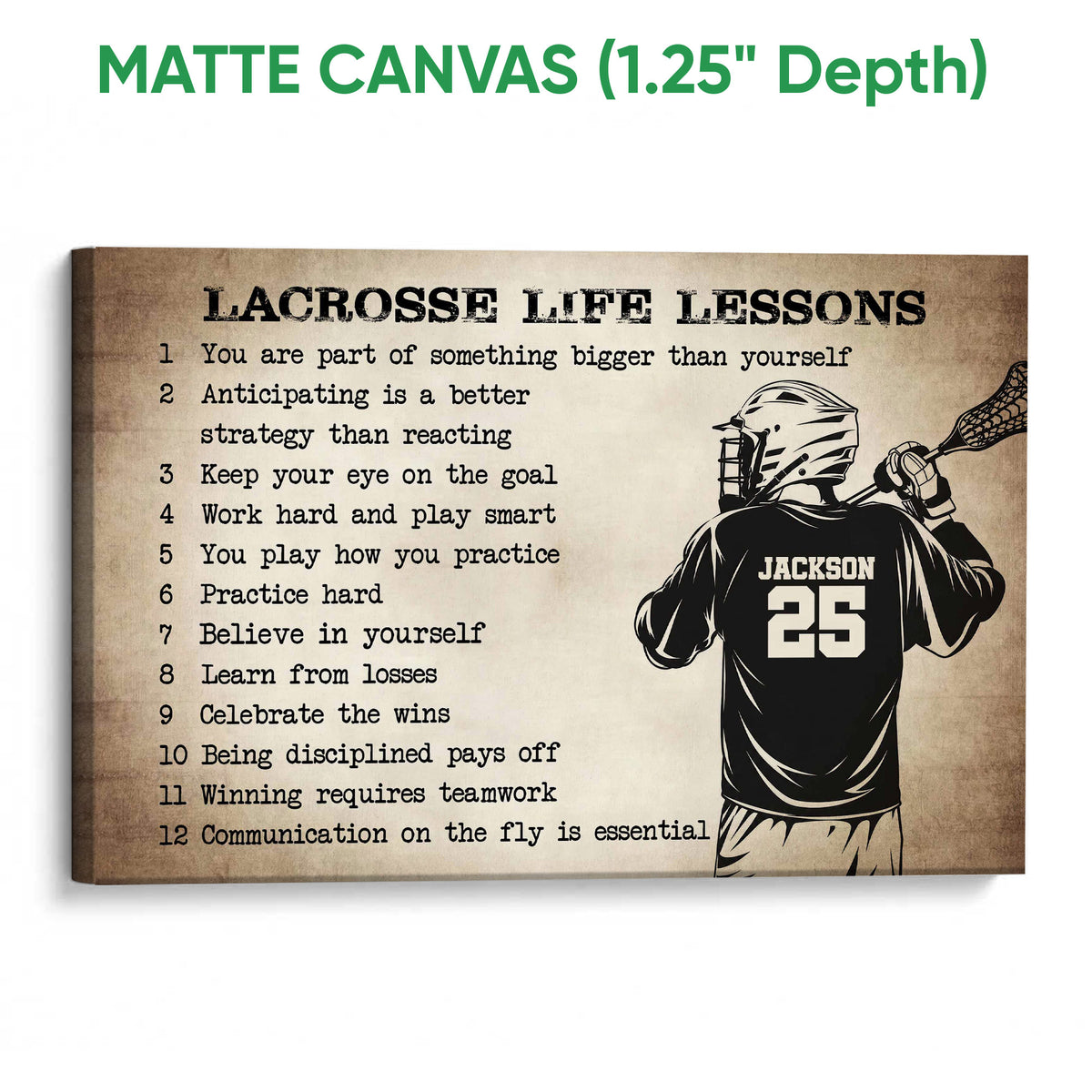 Matte canvas lacrosse wall art featuring a helmeted player and vintage-inspired motivational text