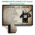 Framed matte canvas lacrosse wall art shown with a black frame and close-up canvas detail