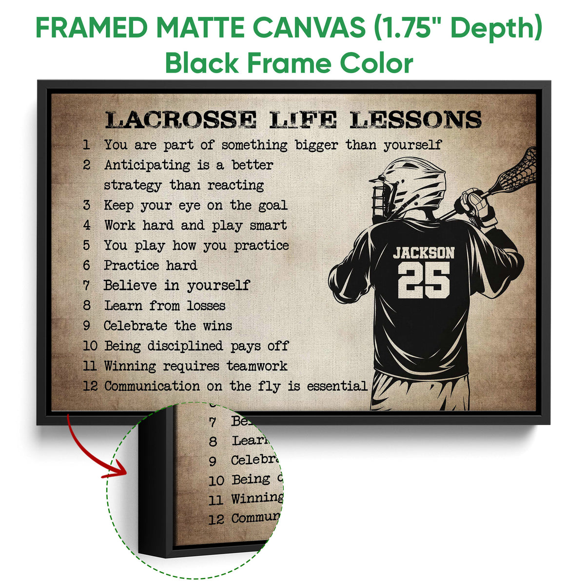 Framed matte canvas lacrosse wall art shown with a black frame and close-up canvas detail