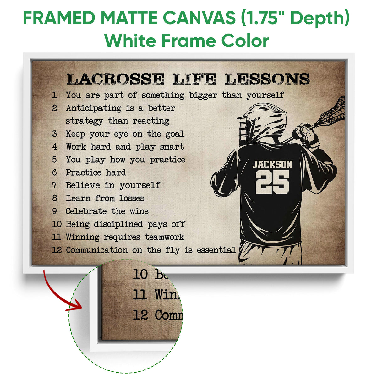Framed matte canvas lacrosse wall art shown with a white frame and close-up artwork detail