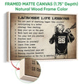 Framed matte canvas lacrosse wall art shown with a natural wood frame and textured detail