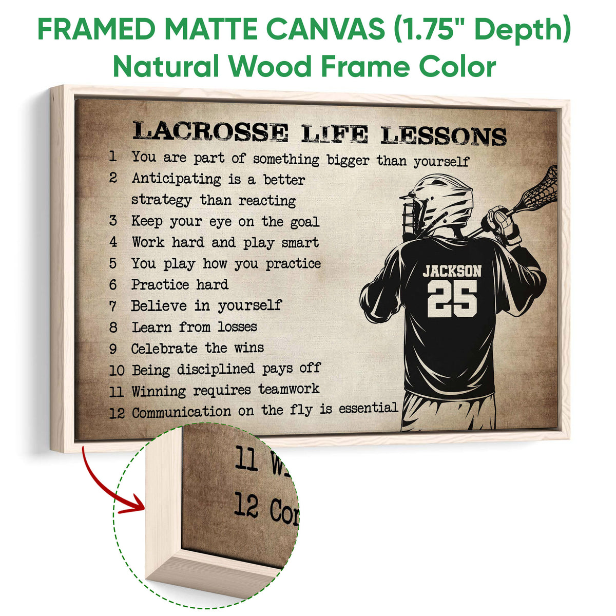 Framed matte canvas lacrosse wall art shown with a natural wood frame and textured detail