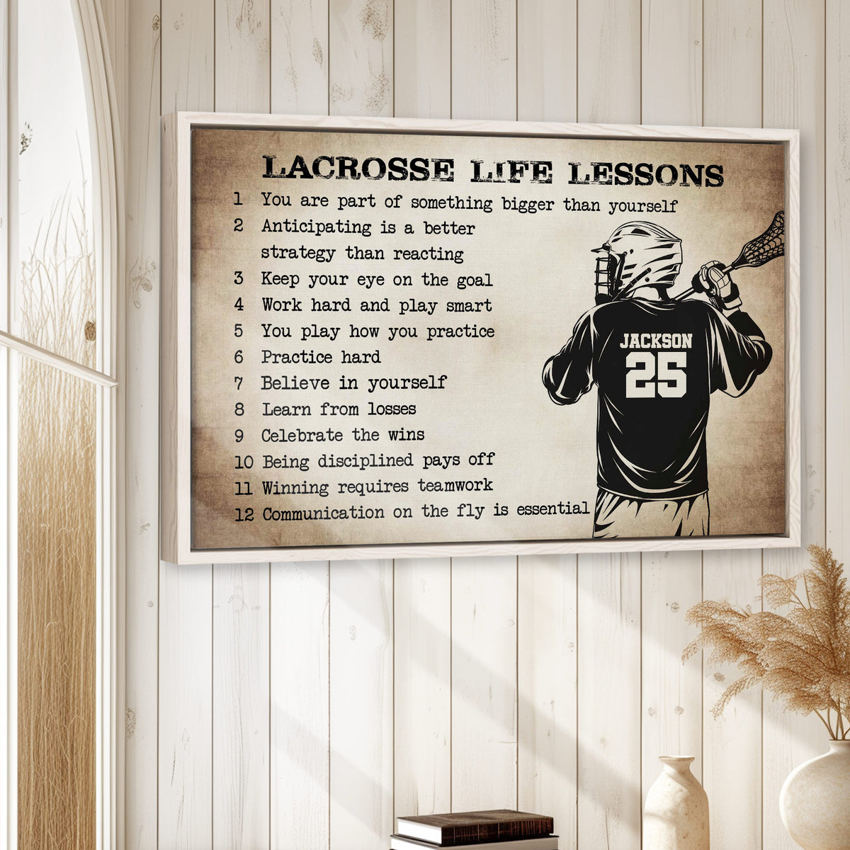 Lacrosse motivational wall art displayed in a bright room with white wood paneling and natural decor