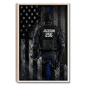 Framed police wall art featuring a tactical law enforcement figure against a distressed American flag design