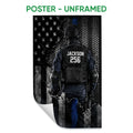 Unframed police poster displaying a tactical law enforcement figure and distressed flag artwork