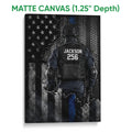 Matte canvas police wall art featuring a tactical figure, stars, stripes and blue accents