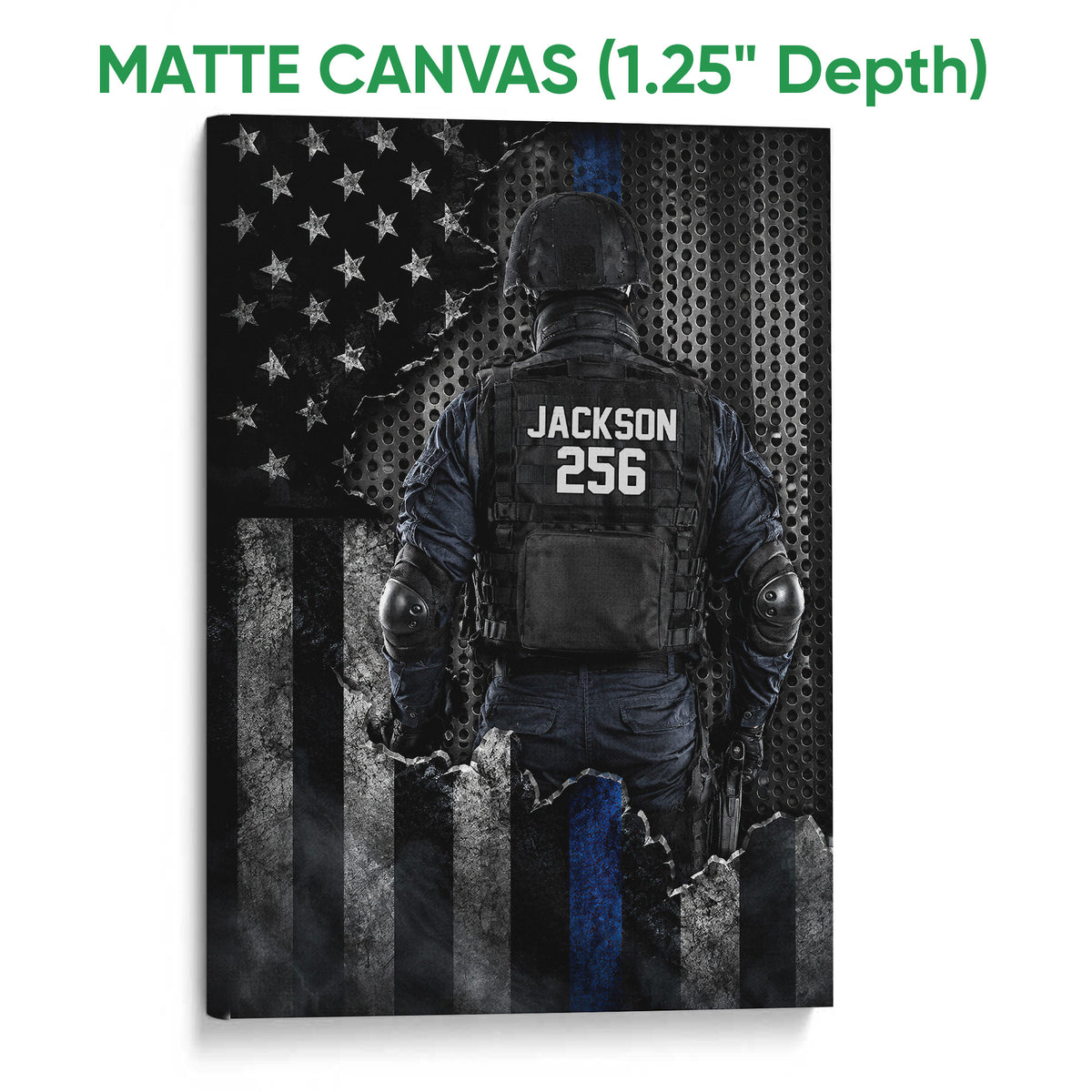 Matte canvas police wall art featuring a tactical figure, stars, stripes and blue accents