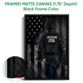 Black framed police canvas wall art with a tactical law enforcement figure and distressed flag design