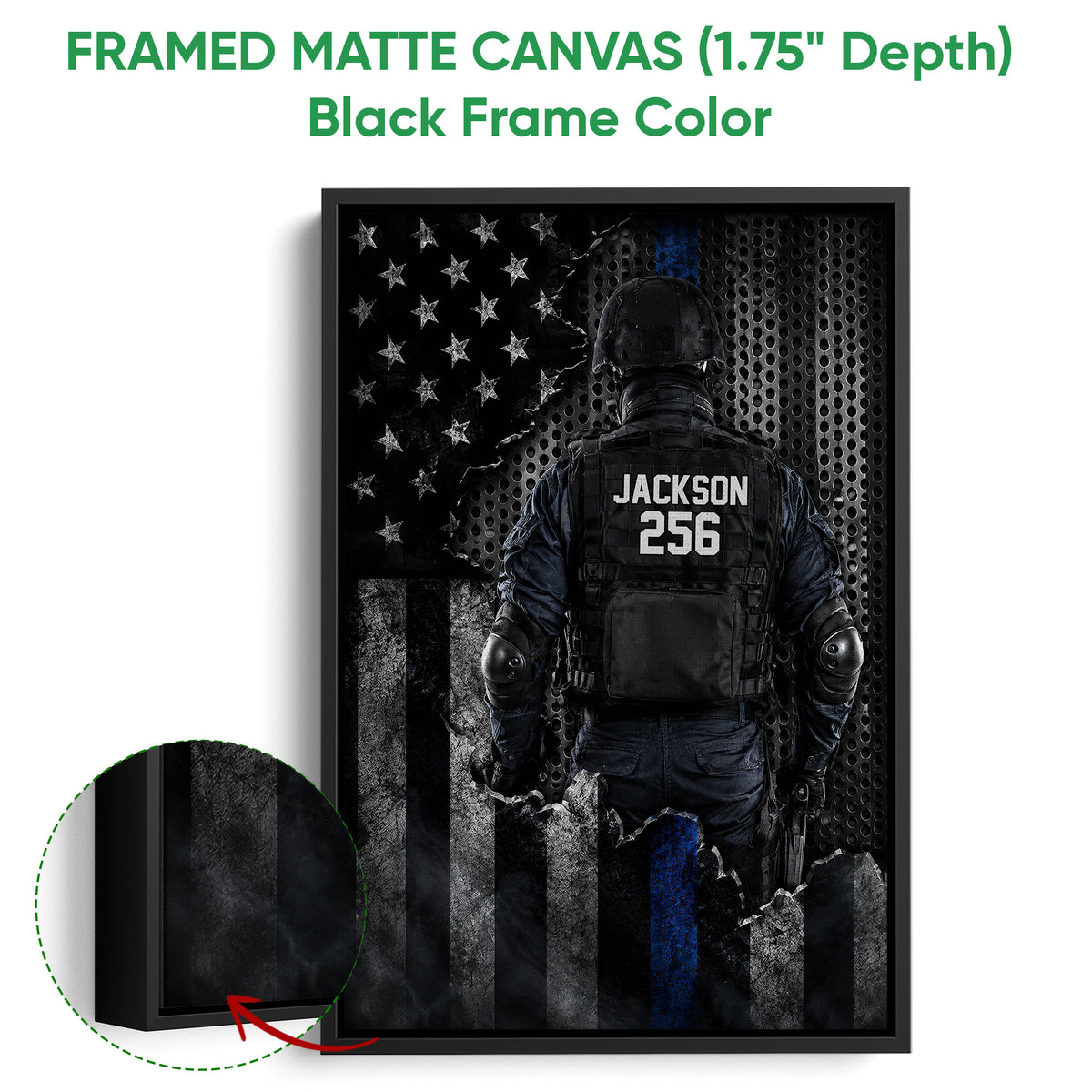 Black framed police canvas wall art with a tactical law enforcement figure and distressed flag design