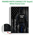 White framed police canvas wall art featuring a tactical figure and dark American flag artwork