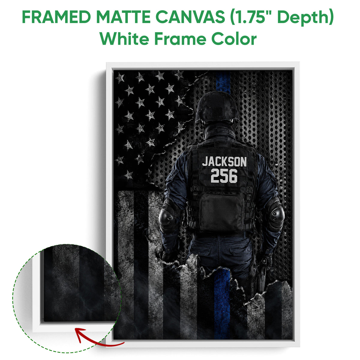 White framed police canvas wall art featuring a tactical figure and dark American flag artwork