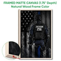 Natural wood framed police wall art with a tactical law enforcement figure and flag-inspired design