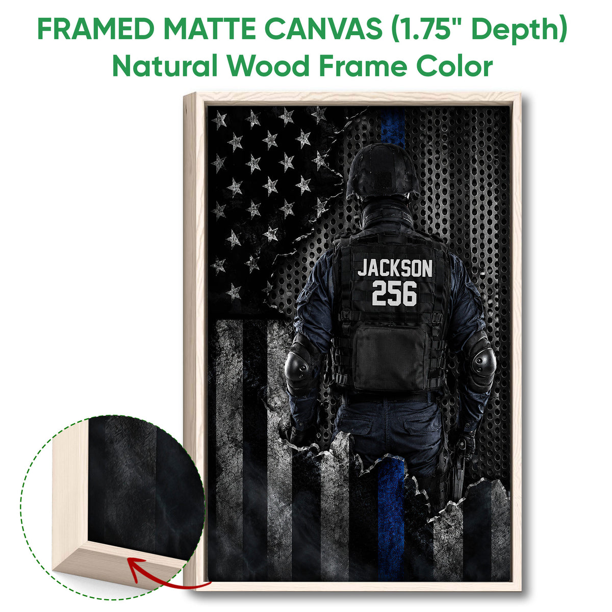 Natural wood framed police wall art with a tactical law enforcement figure and flag-inspired design