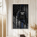 Police wall art displayed on a light wood wall in a home interior with natural wood decor