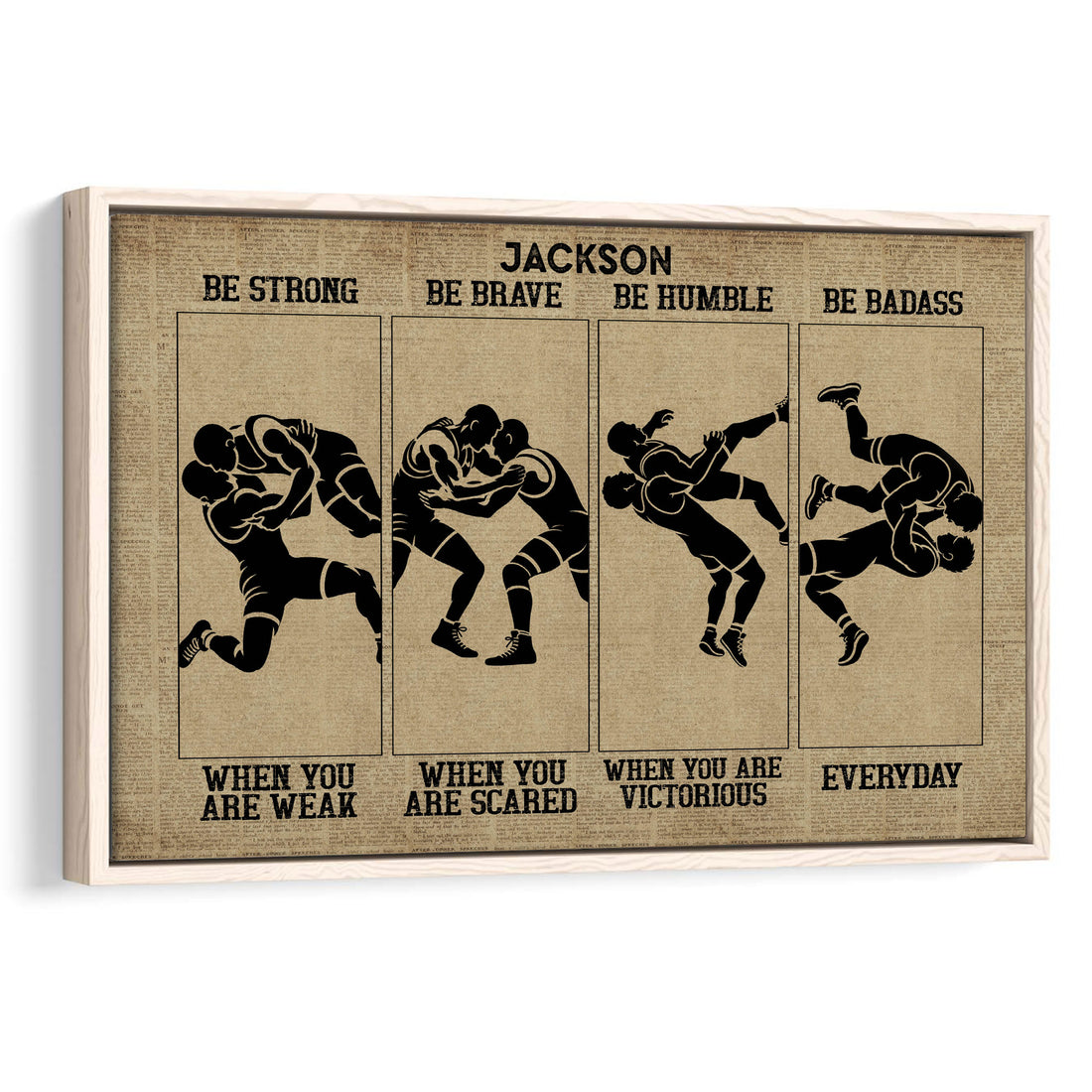 Framed wrestling wall art with four black silhouette grappling scenes on a vintage newspaper-style background