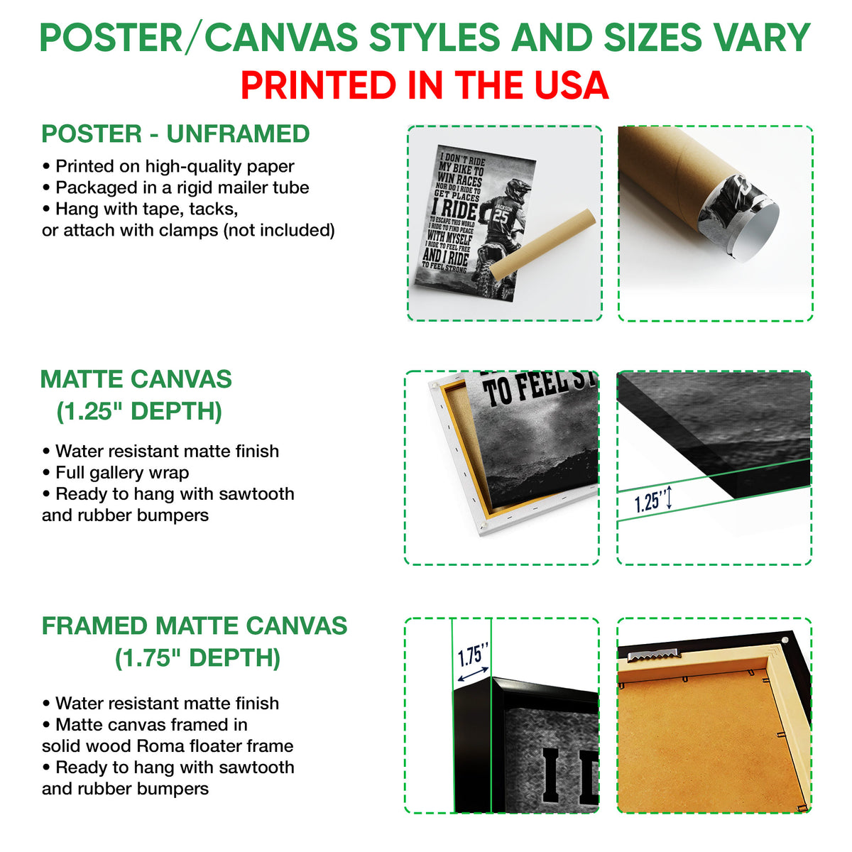 Poster and canvas wall art options guide showing unframed poster, matte canvas, and framed canvas formats