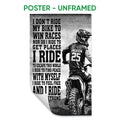 Unframed motocross poster featuring a dirt bike rider, dramatic grayscale artwork, and bold racing typography