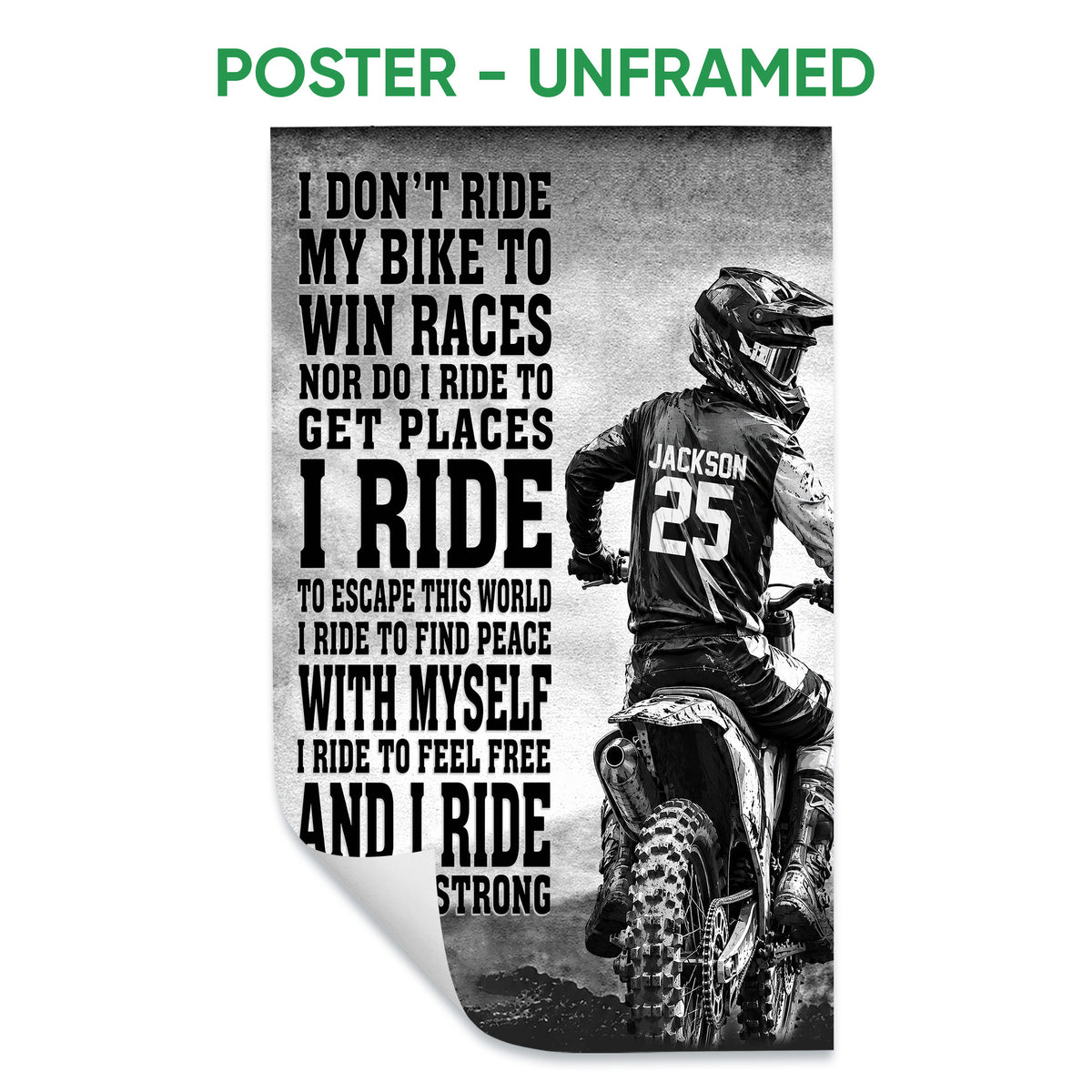 Unframed motocross poster featuring a dirt bike rider, dramatic grayscale artwork, and bold racing typography