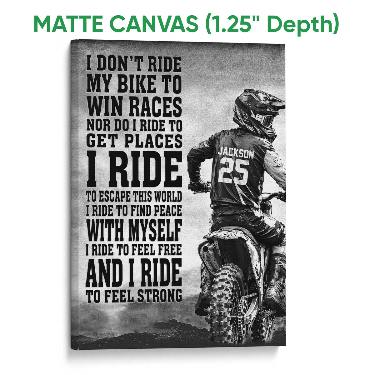 Matte canvas motocross wall art featuring a helmeted rider on a dirt bike in a grayscale design