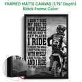 Black framed canvas wall art featuring a motocross rider and dirt bike in a bold grayscale composition