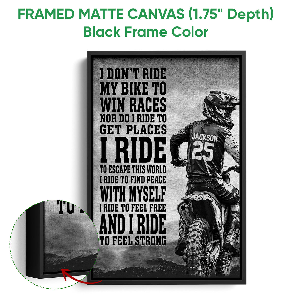 Black framed canvas wall art featuring a motocross rider and dirt bike in a bold grayscale composition