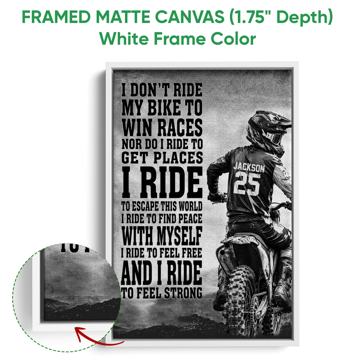 White framed motocross canvas featuring a dirt bike rider, black typography, and textured grayscale artwork