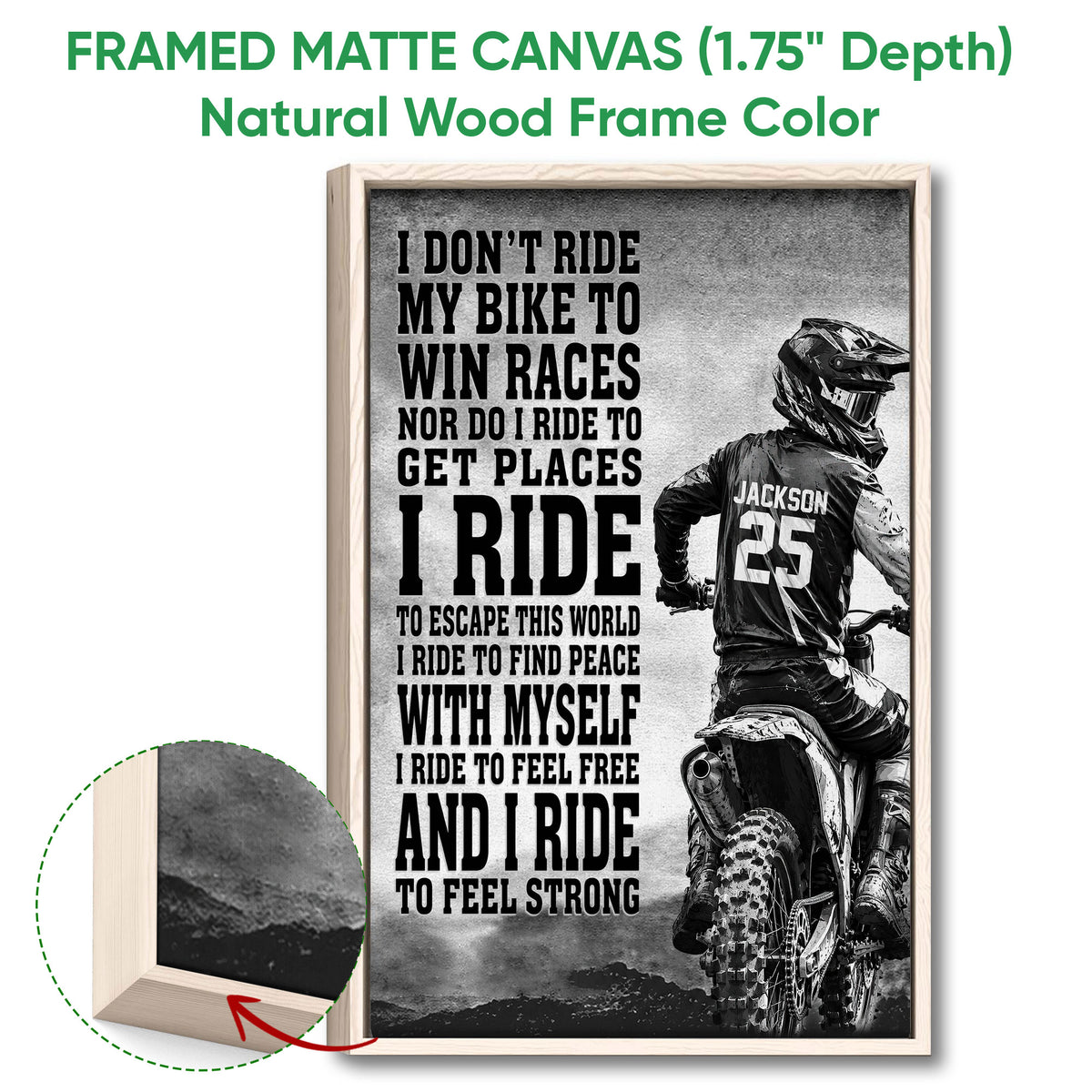 Natural wood framed motocross wall art featuring a helmeted dirt bike rider and dramatic black-and-white design