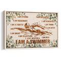 Framed swimming wall art with a swimmer silhouette, floral border, and motivational design
