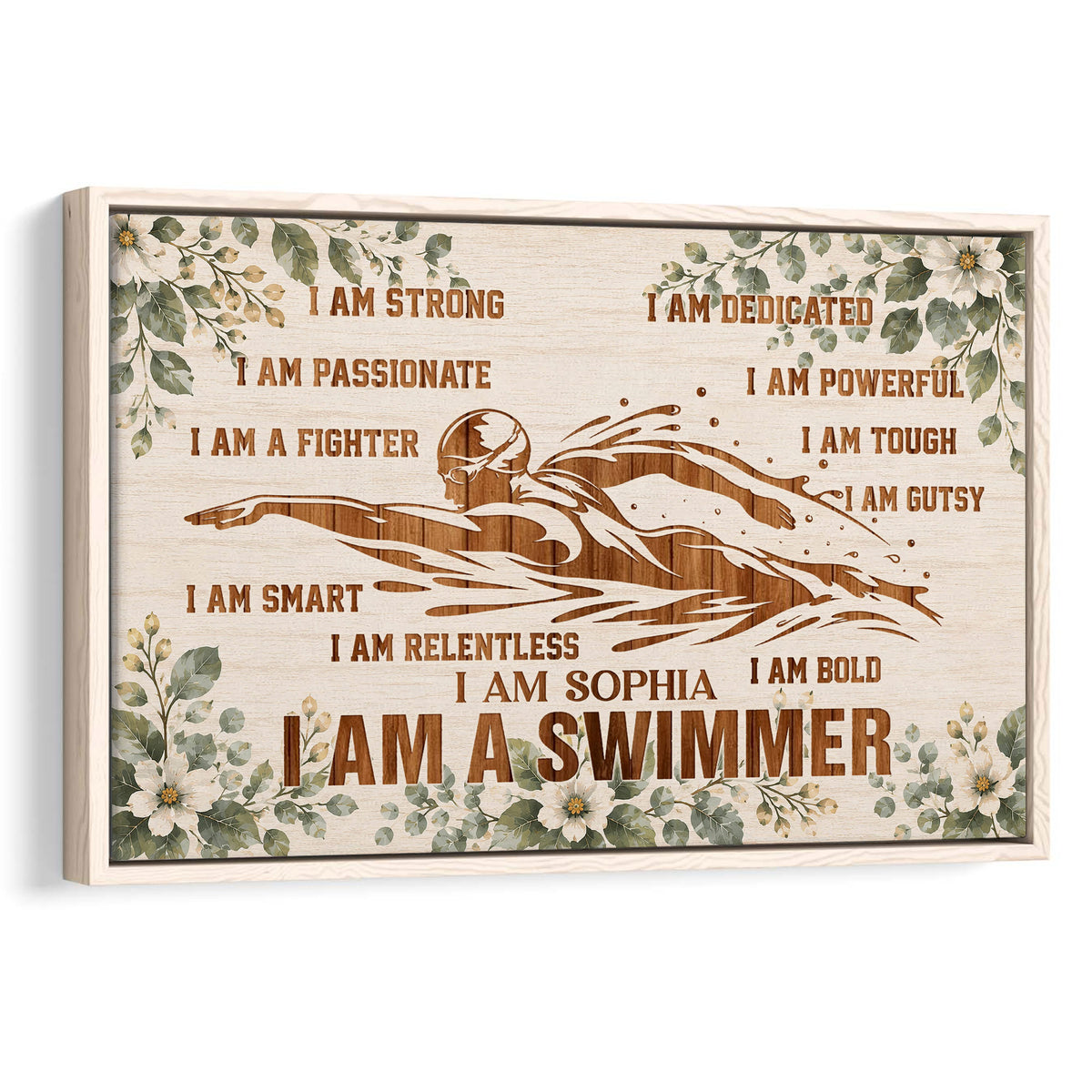 Framed swimming wall art with a swimmer silhouette, floral border, and motivational design