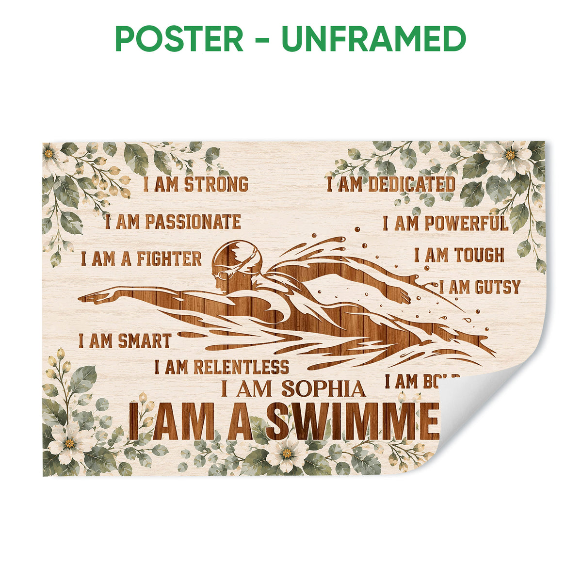 Unframed swimming poster featuring a swimmer silhouette, floral border, and inspirational artwork