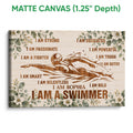 Matte canvas swimming wall art featuring a swimmer silhouette and muted floral border